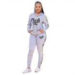 Gray Long Sleeve Hoody Printed PINK 2PCS Sports Dress