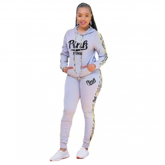 Gray Long Sleeve Hoody Printed PINK 2PCS Sports Dress