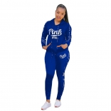 Blue Long Sleeve Hoody Printed PINK 2PCS Sports Dress