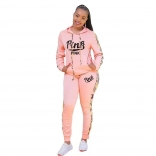 Pink Long Sleeve Hoody Printed PINK 2PCS Sports Dress