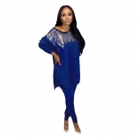 Blue Long Sleeve O-Neck Sequins Women Jumpsuit