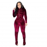 Red Long Sleeve Zipper Velvet Women 2PCS Catsuit Dress