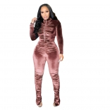 Pink Long Sleeve Zipper Velvet Women 2PCS Catsuit Dress