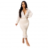 White Long Sleeve Deep V-Neck Women Sexy Midi Dress