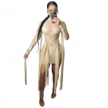 Beige Long Sleeve Mesh Bangdage Sexy Dress