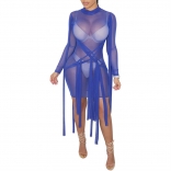 Blue Long Sleeve Mesh Bangdage Sexy Dress