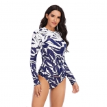 Blue Long Sleeve Printed Surfing Swimwear