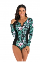 Green Long Sleeve Printed Surfing Swimwear