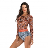 Orange Long Sleeve Printed Surfing Swimwear