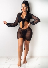 Black Long Sleeve V-Neck Mesh 2PCS Women Clubwear