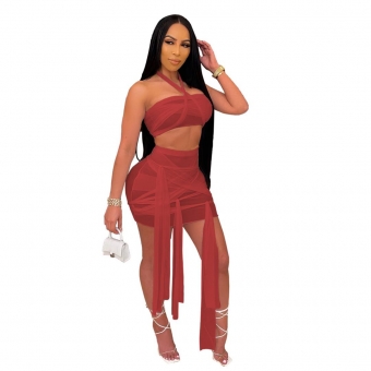 Red Sleeveless Mesh 2PCS Sexy Club Bandage Mini Dress