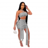 Grey Sleeveless Mesh 2PCS Sexy Club Bandage Mini Dress