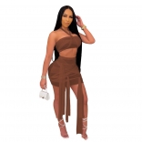 Coffee Sleeveless Mesh 2PCS Sexy Club Bandage Mini Dress