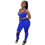 Blue Halter V-Neck Lace-up Bandage Women Sexy Jumpsuit