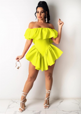 Yellow Off-Shoulder Women Club Sexy Pleated Skirt