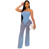 Blue Off-Shoulder Mesh Women Sexy Jumpsuit