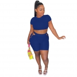 Blue Short Sleeve Women Sexy 2PCS Bandage Pant Sets