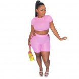 Pink Short Sleeve Women Sexy 2PCS Bandage Pant Sets