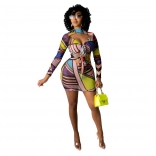 Pink Long Sleeve V-Neck Printed Multi Bodycons Mini Dress