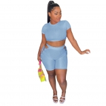 Blue Short Sleeve Women Sexy 2PCS Bandage Pant Sets