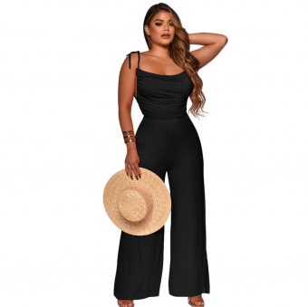 Black Sleeveless Back Hollow-out Halter Women Jumpsuit