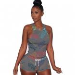 Grey Sleeveless Halter Printed Women Short Sets