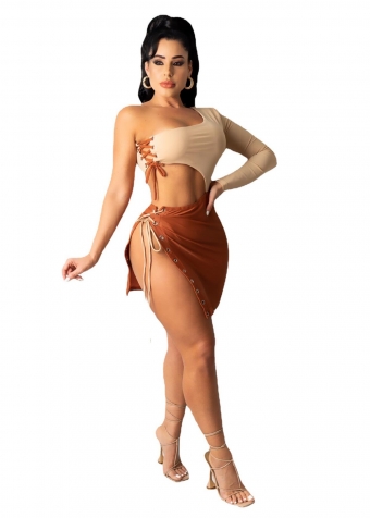 Khaki One-Sleeve Off-Shoulder Hollow-out Mini Club Dress