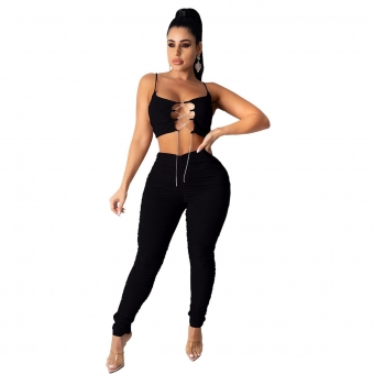 Black Sleeveless Halter V-Neck Lace-up Women Sexy Jumpsuit