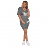 Grey Short Sleeve Printed 2PCS Women Sports Sets