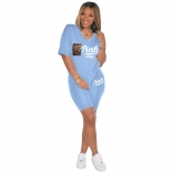 LightBlue Short Sleeve Printed 2PCS Women Sports Sets