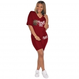 WineRed Short Sleeve Printed 2PCS Women Sports Sets