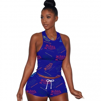 Blue Sleeveless Halter Printed Women Sport Rompers