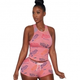 Pink Sleeveless Halter Printed Women Sport Rompers