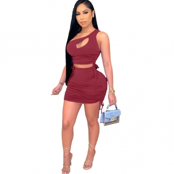 Red Sleeveless Halter Pleating 2PCS Women Sexy Bodycon Dres