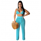 LightBlue Halter Bras Knitting Hollow-out Sexy Women Jumpsuit