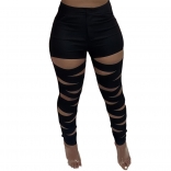 Black Hollow-out Bandage Women Long Trousers