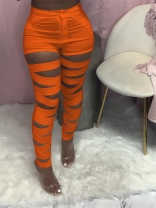 Orange Hollow-out Bandage Women Long Trousers