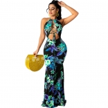 Blue Sleeveless V-Neck Hollow-out Printed Women Maxi Dress