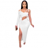 White One-Sleeve Halter V-Neck Women Sexy Midi Dress