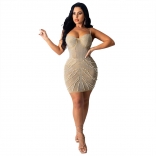 Beige Sleeveless Off-Shoulder V-Neck Rainstones Bodycons Mini Dress