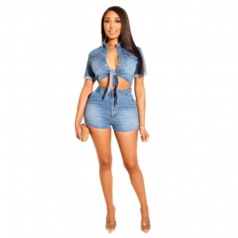 Blue Short Sleeve Jeans V-Neck Women Short Sets