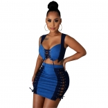 Blue Sleeveless Low-Cut Jeans Bandage 2PCS Sexy Mini Dress