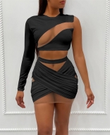 Black One-Sleeve Mesh Hollow-out Bandage Mini Dress