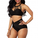 Black Halter Bandage High Waist Swimwear