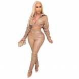 Beige Long Sleeve Zipper 2PCS Bodycons Women Jumpsuit