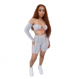 Grey Long Sleeve Off-Shoulder Bandage Pant Set