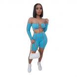 Blue Long Sleeve Off-Shoulder Bandage Pant Set