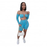 Blue Long Sleeve Off-Shoulder Bandage Pant Set