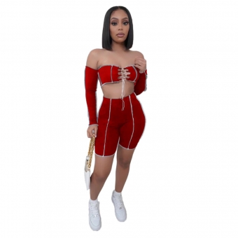 Red Long Sleeve Off-Shoulder Bandage Pant Set