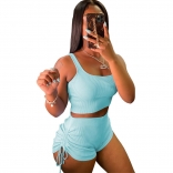 SkyBlue Sleeveless Halter Low-Cut Cotton Sexy Pant Set